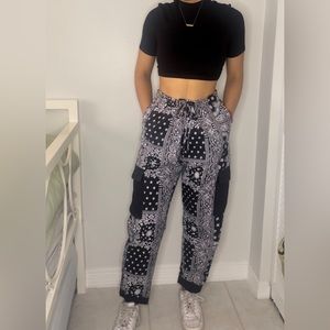 baggy cargo pants ankle length bandana print and drawstring waistband